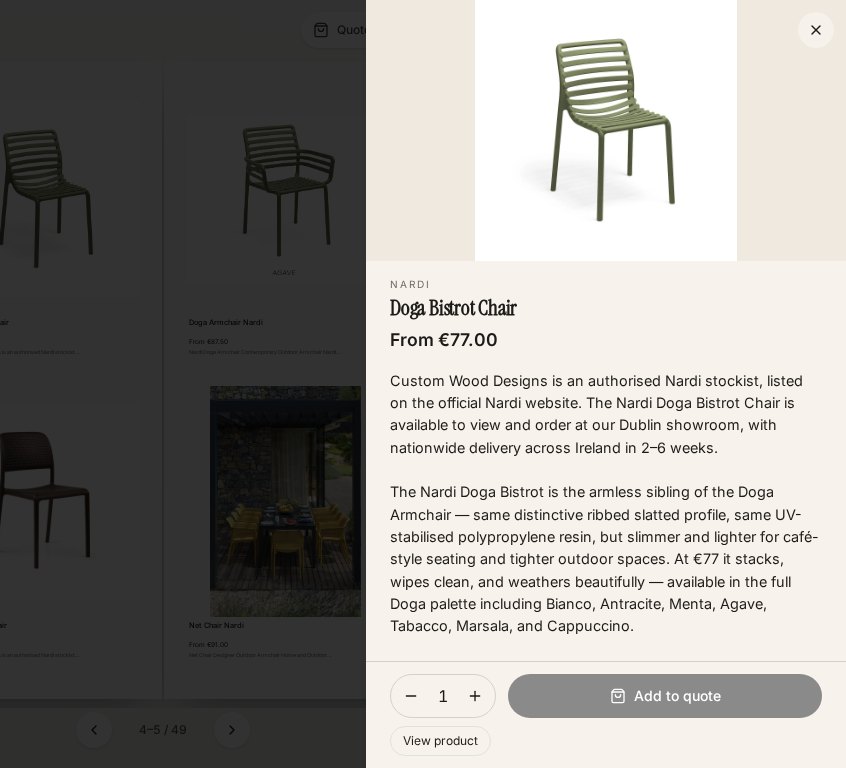A product opened in a live catalogue with quantity and Add to quote